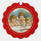 かわいい3体のヴィンテージエンジェルのクリスマスホリデー写真 オーナメントカード (裏面)