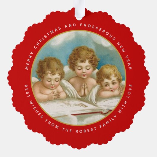 かわいい3体のヴィンテージエンジェルのクリスマスホリデー写真 オーナメントカード (裏面)