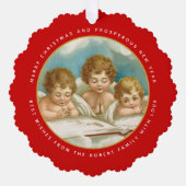 かわいい3体のヴィンテージエンジェルのクリスマスホリデー写真 オーナメントカード (正面)