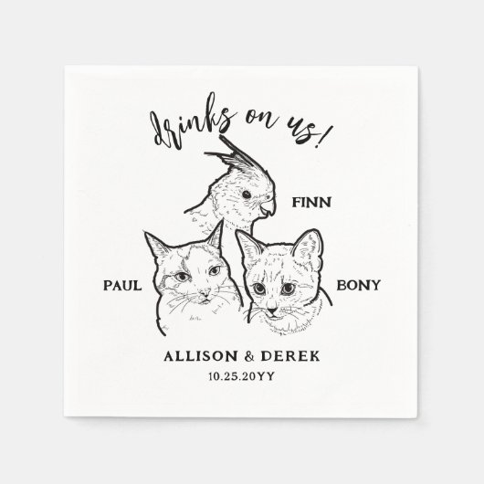 かわいい3匹のペット顔がドリンク結婚を スタンダードカクテルナプキン (正面)