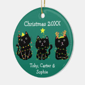 かわいい3匹の猫のクリスマスライト名前をカスタムする緑 セラミックオーナメント (左)
