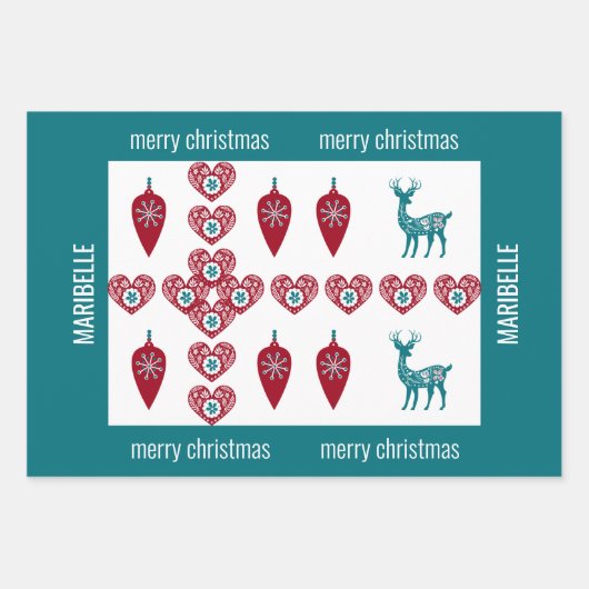 かわいい3名北欧クロススカンジナビアメリークリスマス ラッピングペーパーシート (正面)