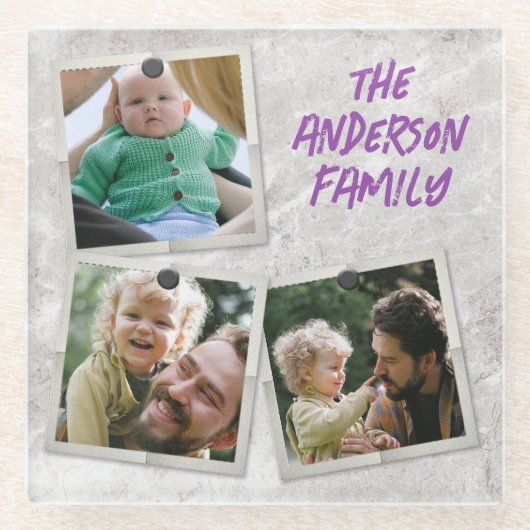 かわいい3家族フォトフレームコラージュと文字 ガラスコースター (正面)