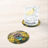 かわいい3月のハリネズミとアクアマリンなハート ラウンドペーパーコースター (インサイチュ)