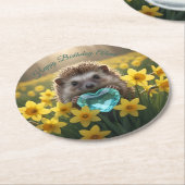 かわいい3月のハリネズミとアクアマリンなハート ラウンドペーパーコースター (アングル)