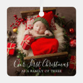 かわいい3枚の写真エレガント初めてのクリスマス メタルオーナメント (正面)