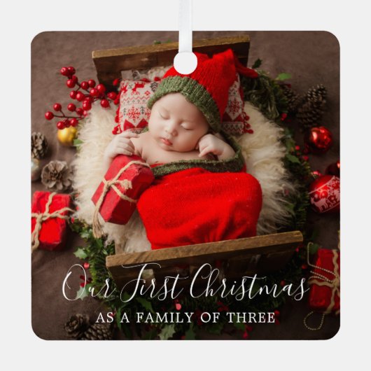 かわいい3枚の写真エレガント初めてのクリスマス メタルオーナメント (正面)
