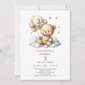 かわいい3歳の誕生日パーティー招待状 テディベア ゴール風船 招待状 (正面)