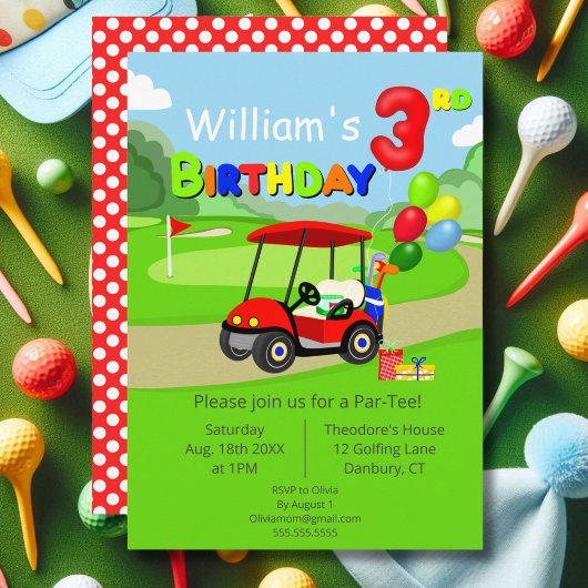かわいい3歳の誕生日 赤いゴルフカート 男の子用 招待状