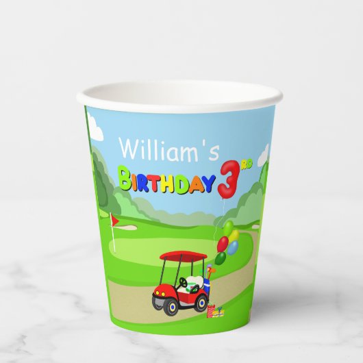 かわいい3歳の誕生日 赤いゴルフカート 男の子用 紙コップ (正面)