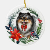 かわいい3色ポメラニア犬水彩ポインセチア セラミックオーナメント (正面)