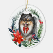 かわいい3色ポメラニア犬水彩ポインセチア セラミックオーナメント (左)