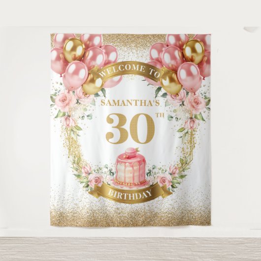 かわいい30歳の誕生日 ブッシュゴールド お祝い用背景 タペストリー (正面)