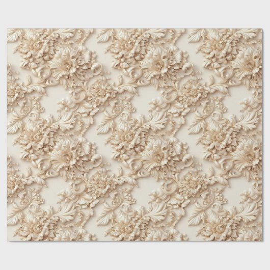 かわいい3-Dアイボリー/金ゴールドクリスマス花模様 ラッピングペーパー (フラット)