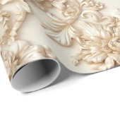 かわいい3-Dアイボリー/金ゴールドクリスマス花模様 ラッピングペーパー (ロールコーナー)