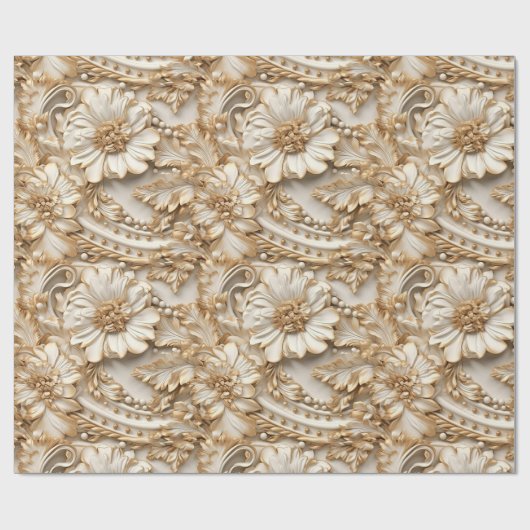 かわいい3-Dアイボリー/金ゴールドクリスマス花模様 ラッピングペーパー (フラット)