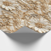 かわいい3-Dアイボリー/金ゴールドクリスマス花模様 ラッピングペーパー (角)