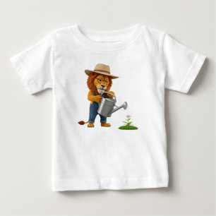 かわいい3Dライオンのガーデナーキャラが花に水をやっている ベビーTシャツ