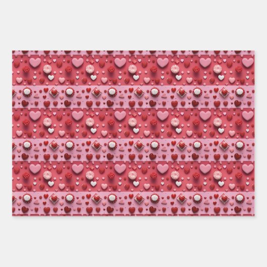 かわいい3Dレッドピンクハートキャンディバレンタインデー ラッピングペーパーシート (正面3)