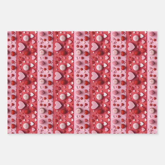 かわいい3Dレッドピンクハートキャンディバレンタインデー ラッピングペーパーシート (正面3)