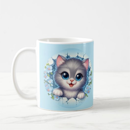 かわいい3D猫のフラワーの壁デザイン コーヒーマグカップ (左)