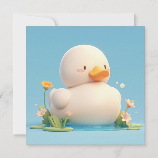 かわいい3D粘土のアヒルの花咲く池のポストカード (正面)