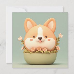かわいい3D粘土の花のボウルに入ったコーギーの子犬のポストカード