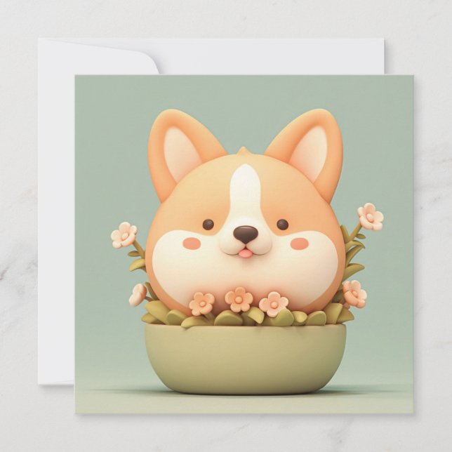 かわいい3D粘土の花のボウルに入ったコーギーの子犬のポストカード (正面)