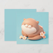 かわいい3D粘土ラッコとピンクの花のポストカード (正面/裏面)