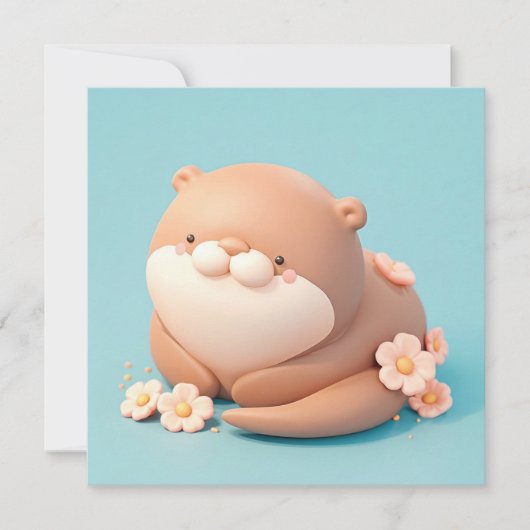 かわいい3D粘土ラッコとピンクの花のポストカード (正面)