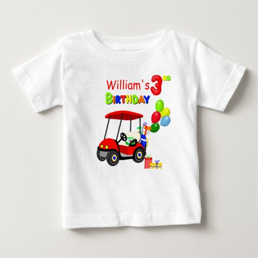 かわいい3rdバースデーレッドゴルフカート少年 ベビーTシャツ (正面)