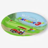 かわいい3rdバースデーレッドゴルフカート少年 ペーパープレート (アングル)