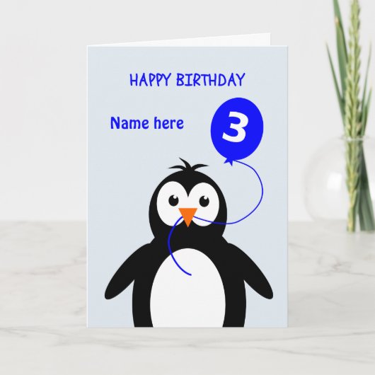 かわいい3rd誕生日ペンギンの名前を青に追加 カード (正面)