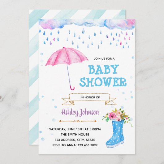 かわいい4月のシャワーテーマパーティーの招待 招待状 (正面/裏面)