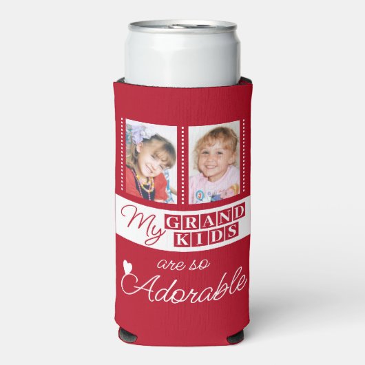 かわいい4枚の写真を追加するグランドキッズ赤い白 スリム缶クーラー (Seltzer正面)