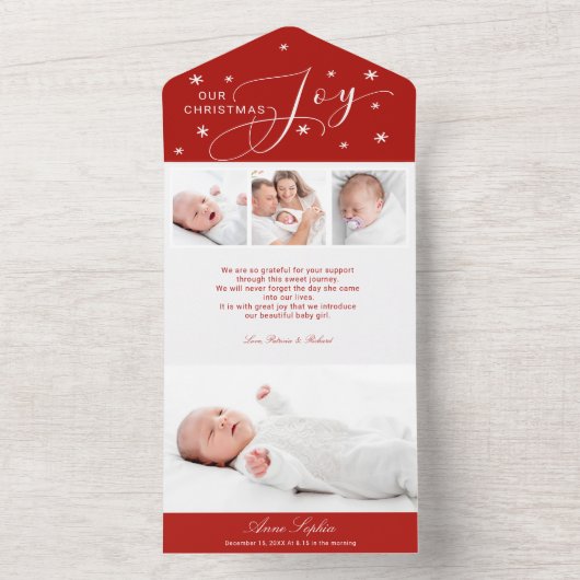 かわいい4枚の写真クリスマス誕生発表 オールインワン招待状 (内側)