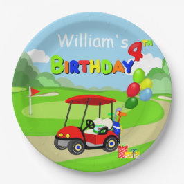 かわいい4歳の誕生日 赤いゴルフカート 男の子用 ペーパープレート