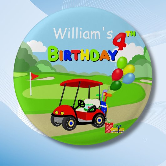 かわいい4歳の誕生日 赤いゴルフカート 男の子用 缶バッジ