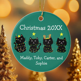 かわいい4猫クリスマスライト名前をカスタムするグリーン セラミックオーナメント