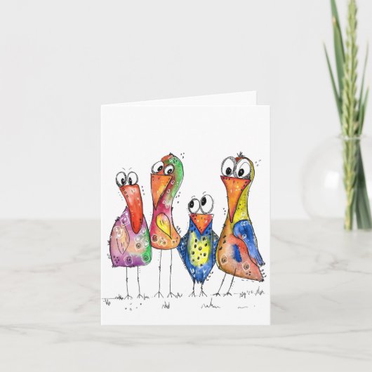 かわいい4羽の遊び心あふれるカラフルな鳥 カード (正面)