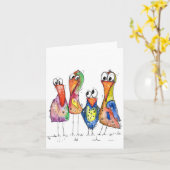 かわいい4羽の遊び心あふれるカラフルな鳥 カード (黄色い花)