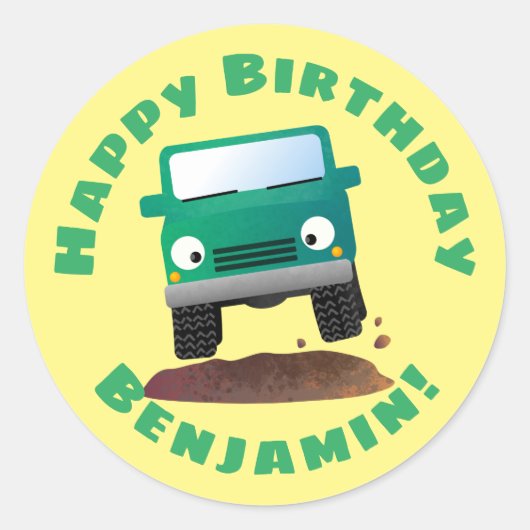 かわいい4X4オフロード車の漫画の車クラシックのRoun ラウンドシール (正面)