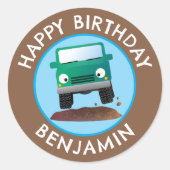 かわいい4X4オフロード車の漫画パーソナライズされた ラウンドシール (正面)