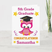 かわいい5年生の卒業式ピンクフクロウおめでとう カード (正面)