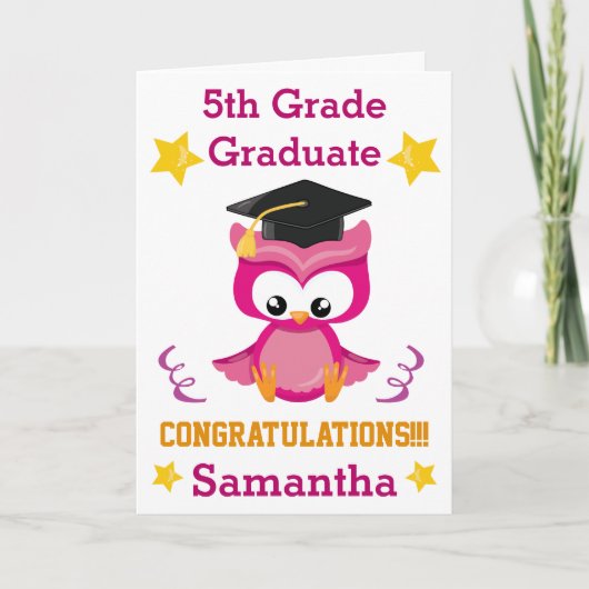 かわいい5年生の卒業式ピンクフクロウおめでとう カード (正面)