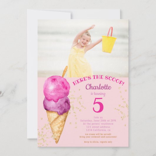 かわいい5歳の誕生日がスクープアイスの写真だ 招待状 (正面)