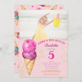 かわいい5歳の誕生日がスクープアイスの写真だ 招待状 (正面/裏面)