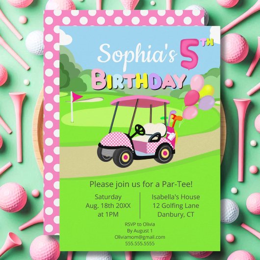 かわいい5歳の誕生日 水玉 ピンクの女の子ゴルフ 招待状