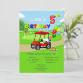 かわいい5歳の誕生日 赤いゴルフカート 男の子用 招待状 (スタンド正面)