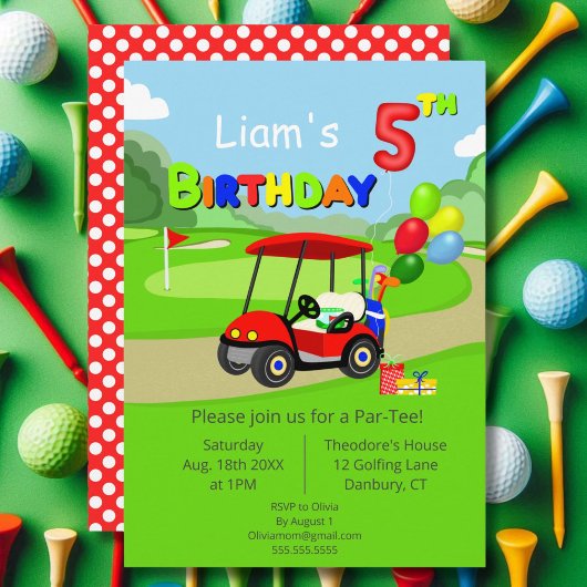 かわいい5歳の誕生日 赤いゴルフカート 男の子用 招待状